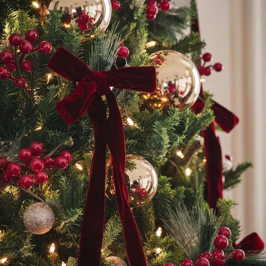 Decorative Christmas tree with red ribbons, gold ornaments, and red berries.